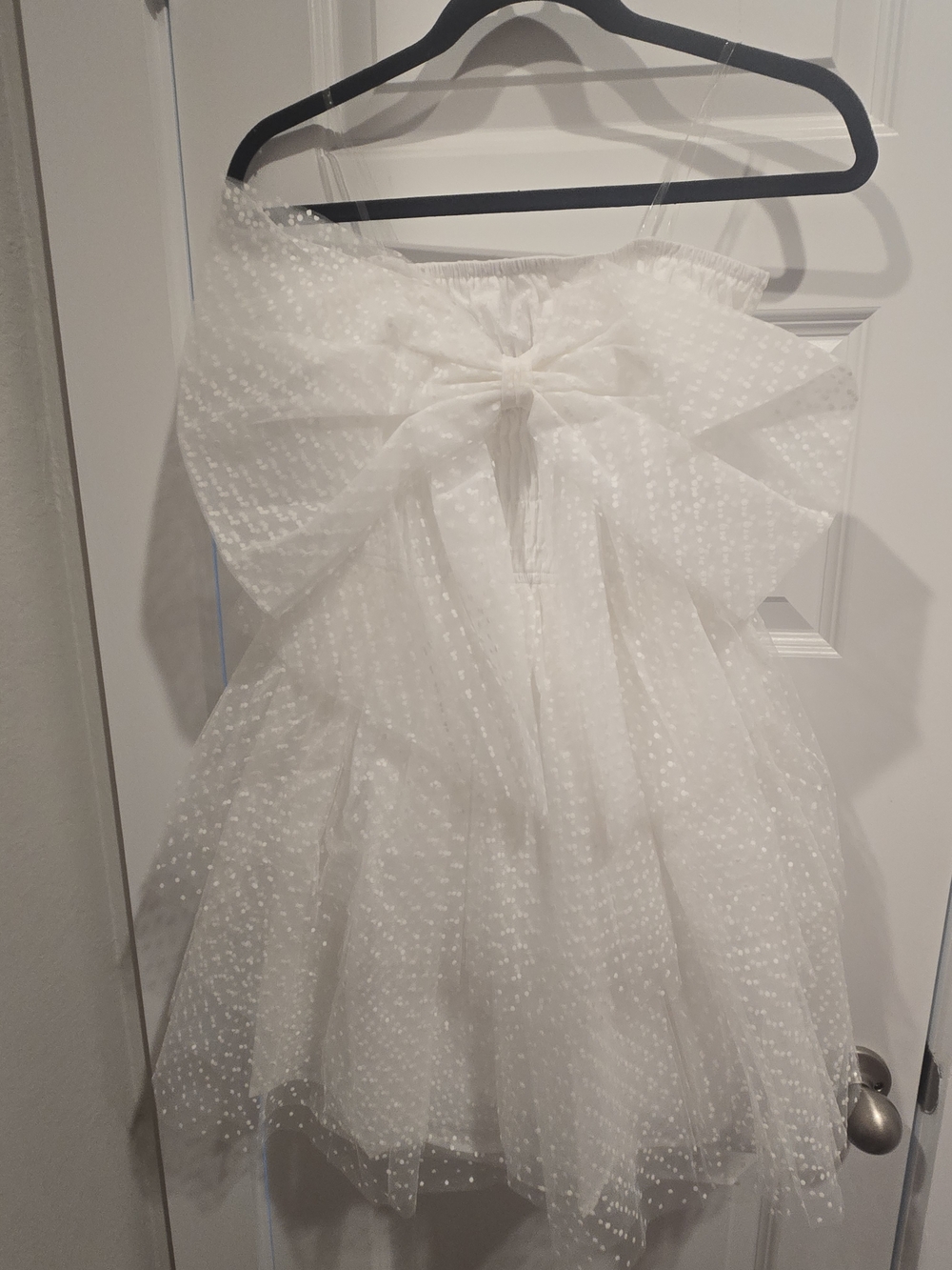 Main Strip White Swiss Dot Strapless Bridal Mini Dress